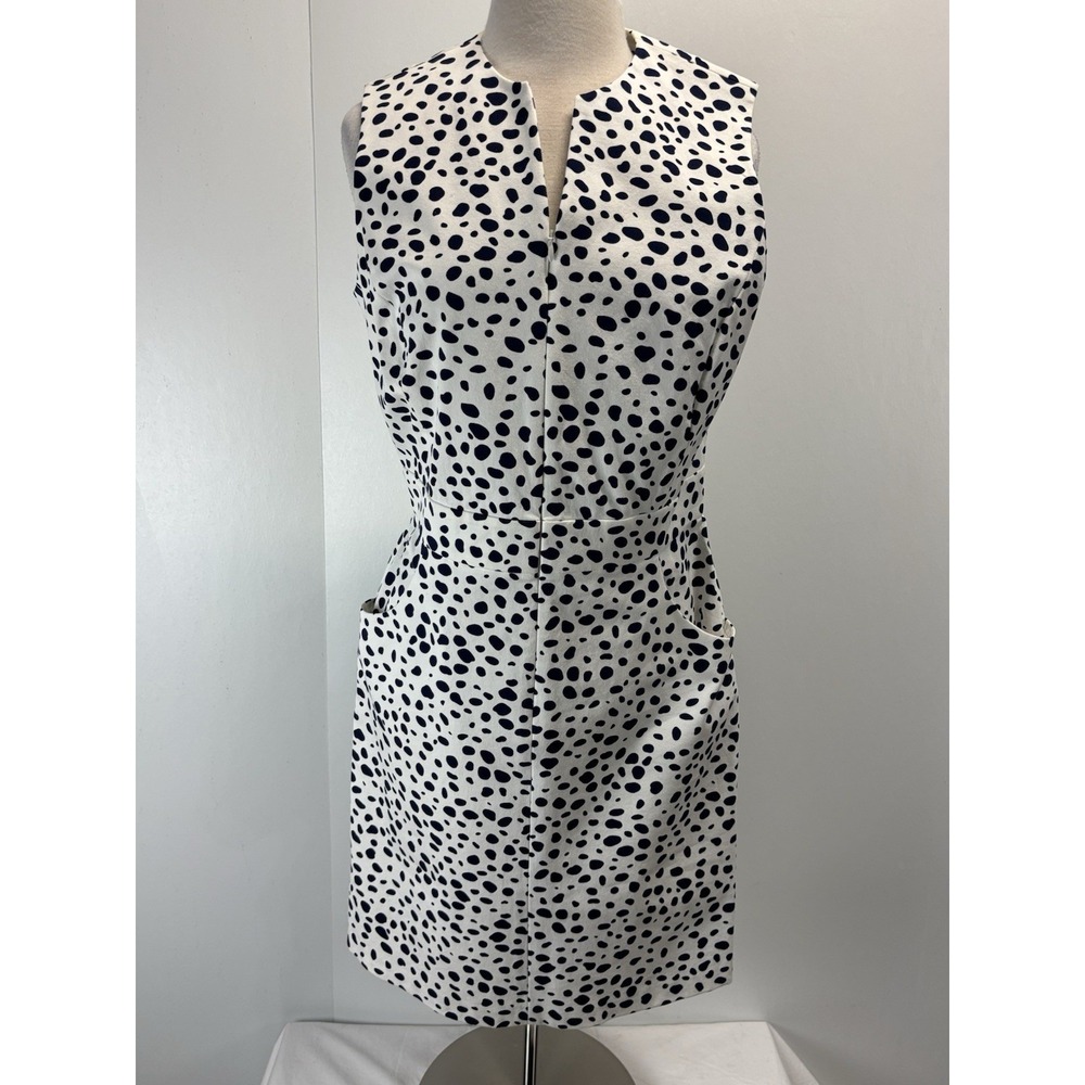 J. McLaughlin Hudson Sheath Dress Sz 12 Women's White Navy Polka Dots Pockets